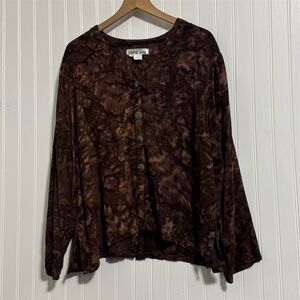 VTG Colors Artwear XL Silk Blend Blouse Brown Tie Dye Boho Tunic Artwear Cottage